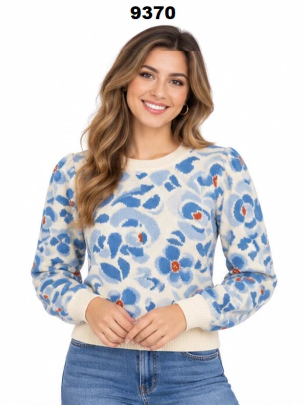 N.W.T Driftwood Women's Blue Knit Casey Puff Sleeve Floral Sweater
